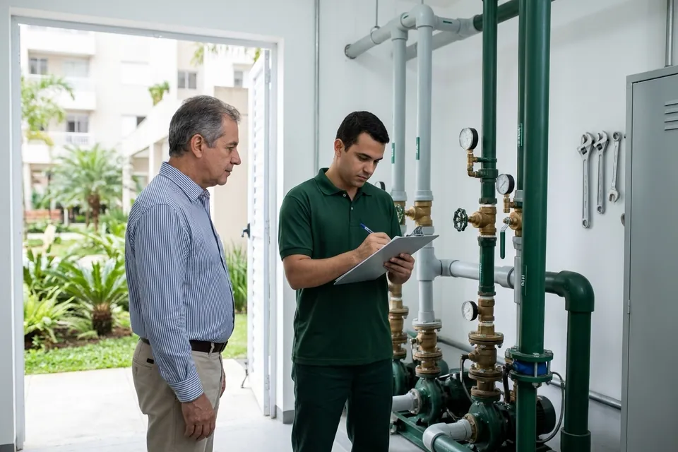 Técnico de camisa verde-escura anota em uma prancheta na casa de bombas de um condomínio, acompanhado pelo síndico.