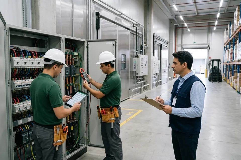 Dois técnicos de capacete branco vistoriam um quadro elétrico industrial ao lado de câmaras frigoríficas, acompanhados por um gerente com prancheta.