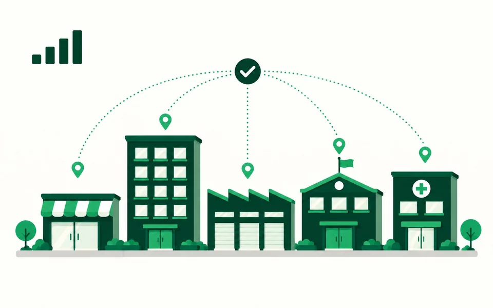 Ilustração de vários imóveis (loja, prédio, galpão, escola e clínica) ligados por linhas pontilhadas a um único selo de verificado.