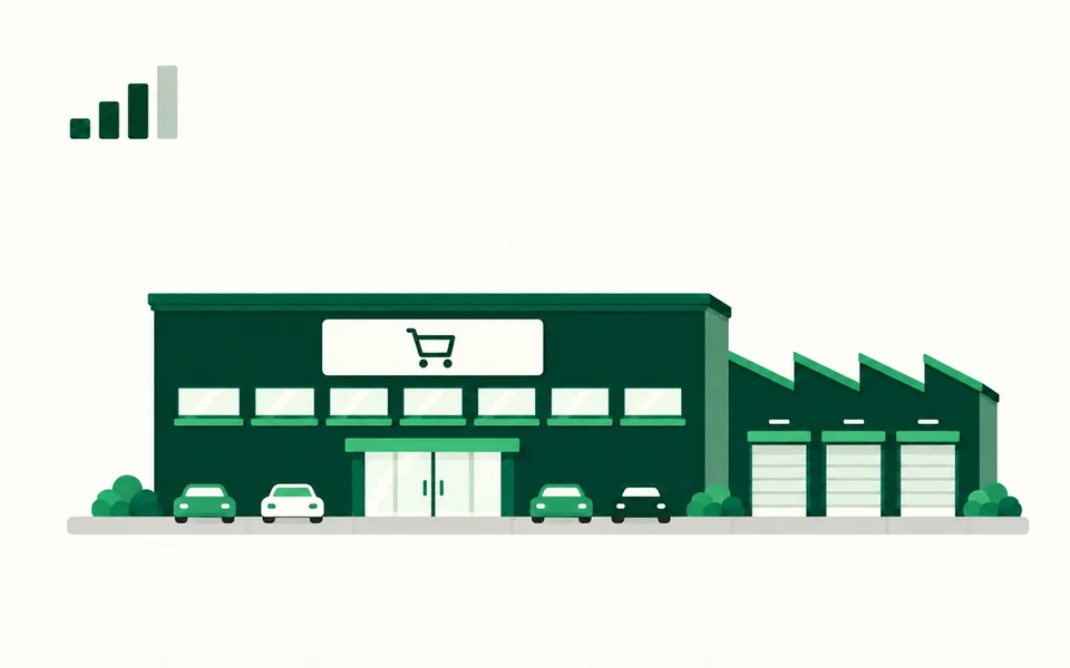 Ilustração de um hipermercado grande com carrinho de compras na fachada, estacionamento com carros e um galpão ao lado.
