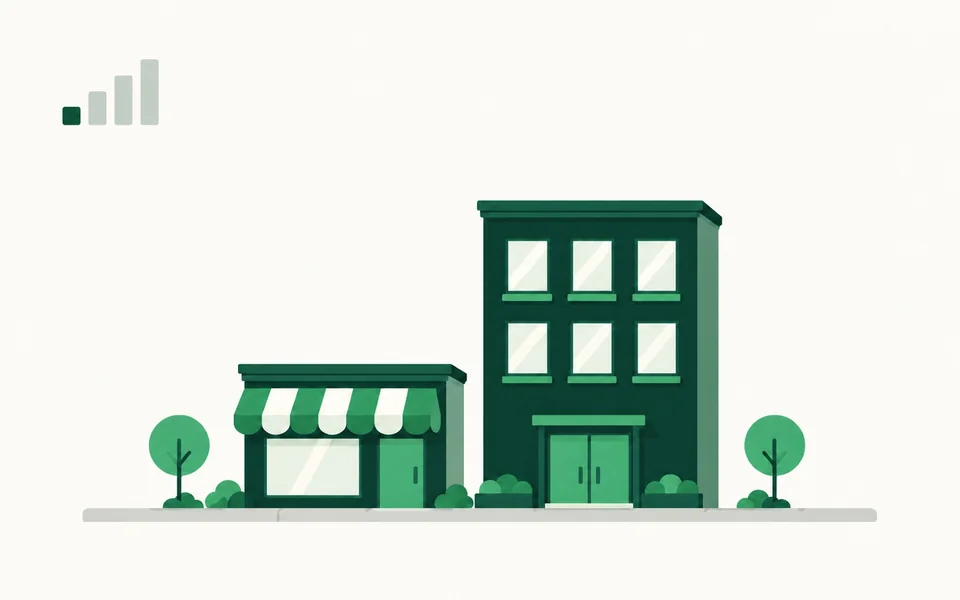 Ilustração de uma loja pequena com toldo e um prédio baixo, lado a lado, em tons de verde.
